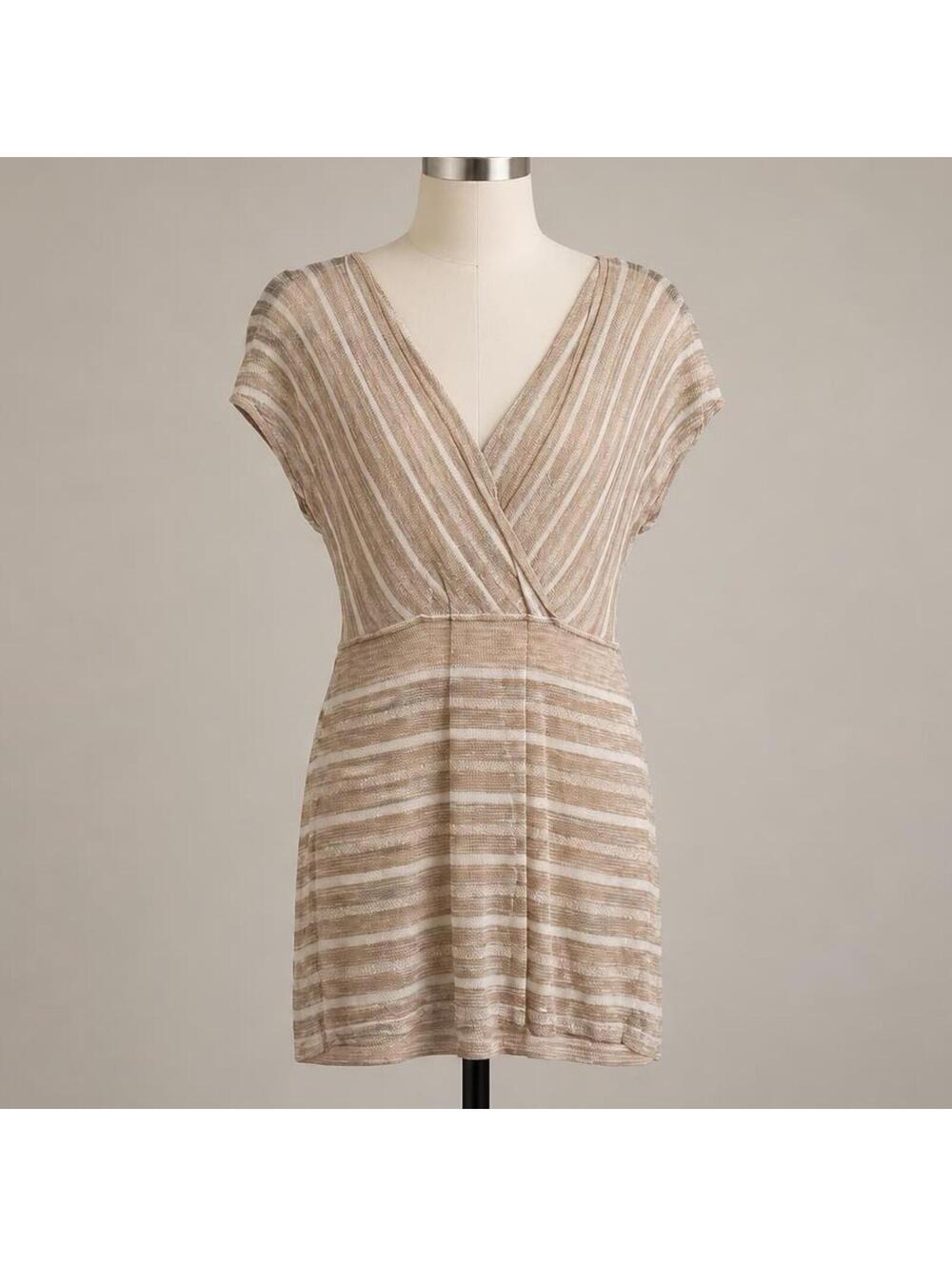 White House Black Market Beige Striped Rayon Blend Top Medium